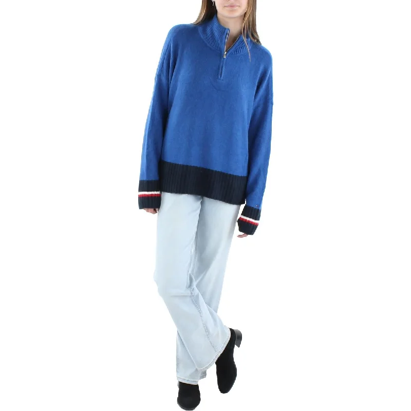 Tommy Hilfiger Womens Half-Zip Colorblock Mock Turtleneck Sweater